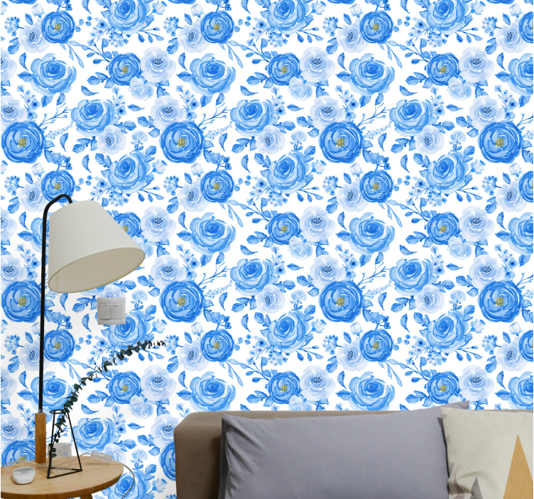 Papel pintado flores patrón de rosa azul - TenVinilo