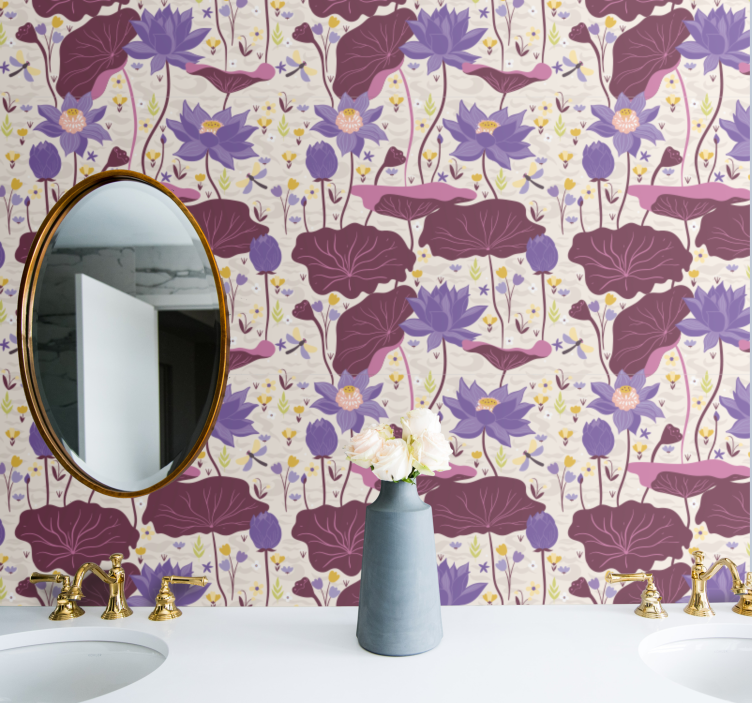 Papel pintado flores patrón azul y morado - TenVinilo