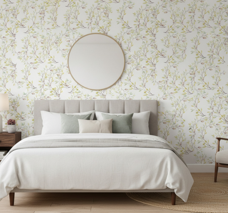 Papel pintado flores patrón original hojas verdes acuarela - TenVinilo