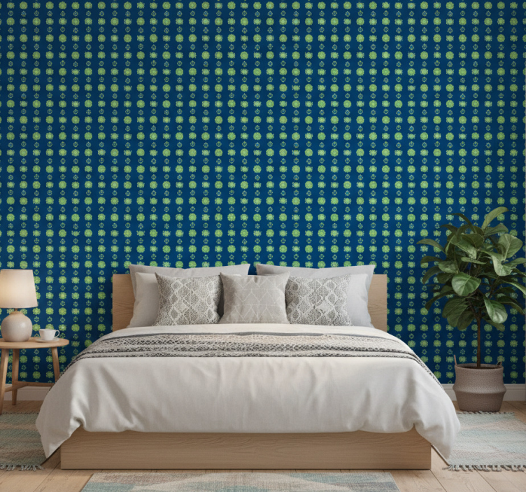 Papel pintado flores patrón polaco verde y azul - TenVinilo