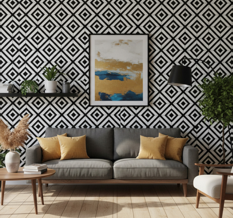 Papel pintado geométrico diamantes en blanco y negro - TenVinilo
