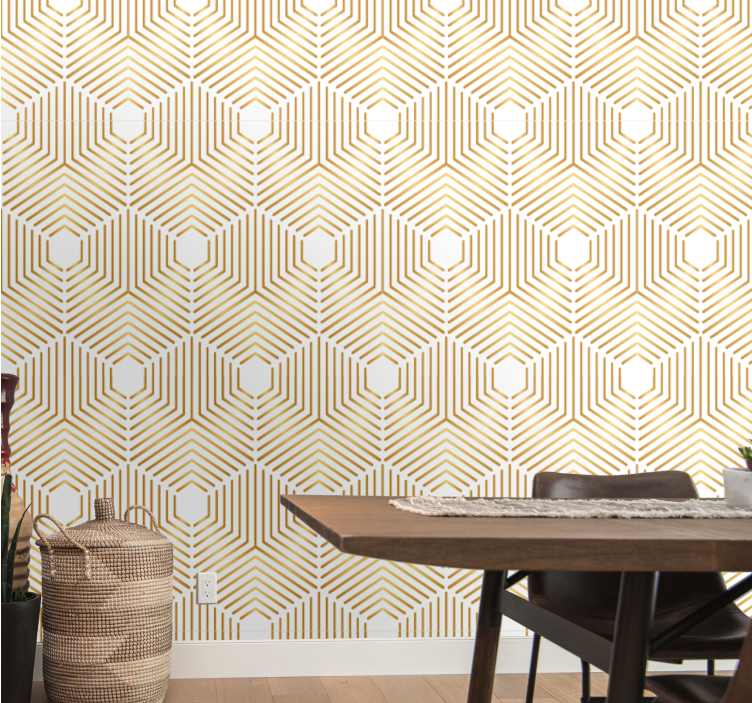 Papel pintado geométrico patrón hexagonal dorado - TenVinilo
