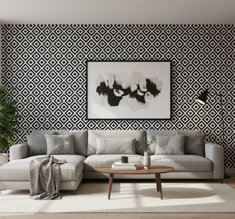 Papel pintado geométrico patrón negro y blanco audaz - TenVinilo