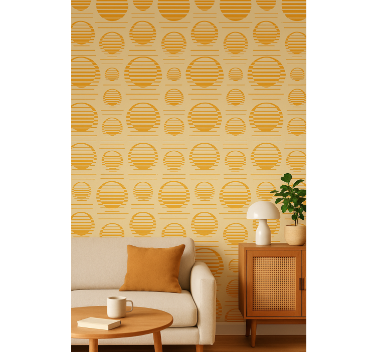 Papel pintado geométrico soles naranjas retro - TenVinilo