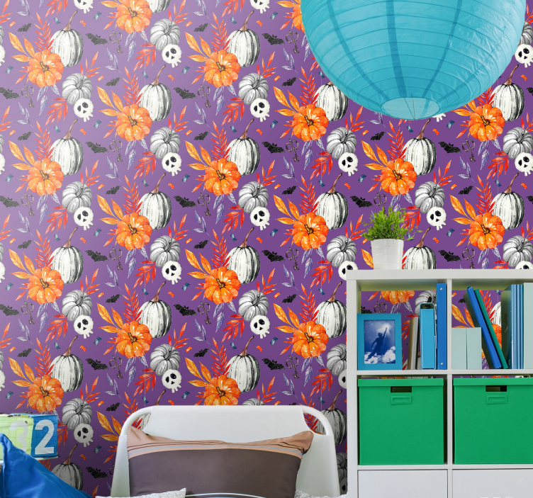 Papel pintado Halloween calaveras florales naranjas - TenVinilo