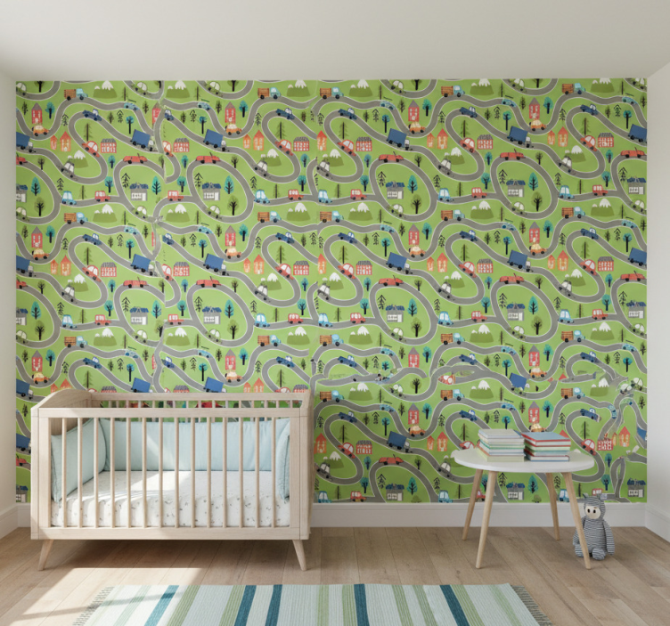 Papel pintado infantil caminos de vehículos coloridos - TenVinilo