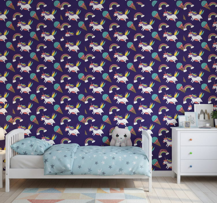 Papel pintado infantil con patrón de unicornios dibujados - TenVinilo