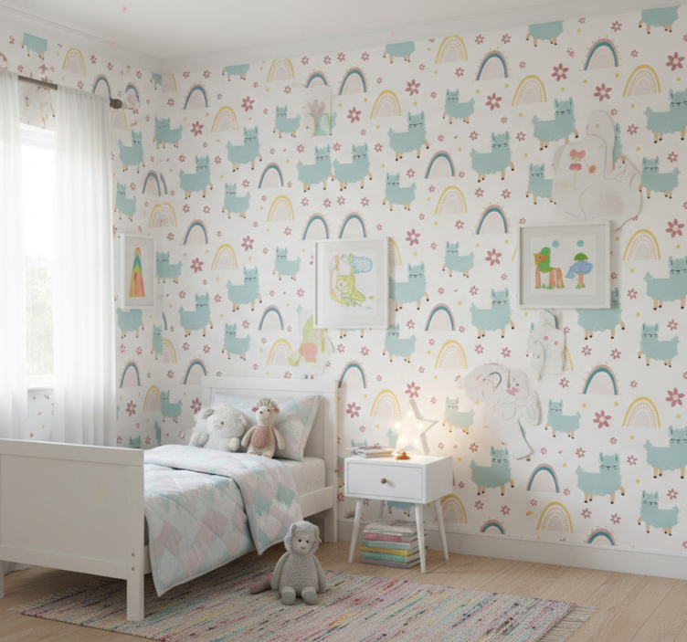 Papel pintado infantil patrón de ovejas y unicornios - TenVinilo