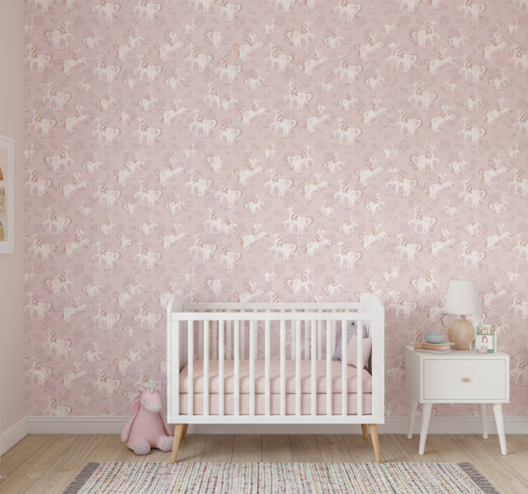 Papel pintado infantil unicornio rosa y alto con flores - TenVinilo