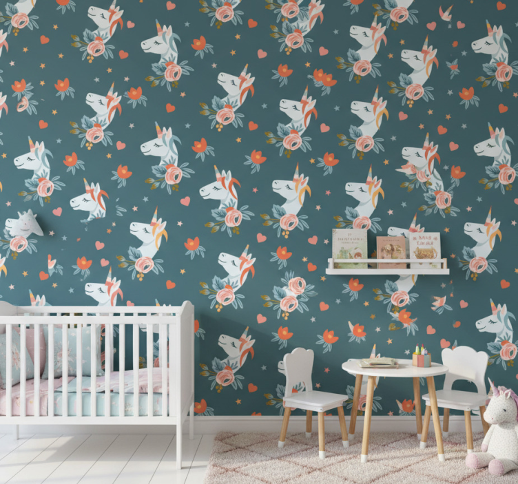 Papel pintado infantil unicornios azules encantadores - TenVinilo