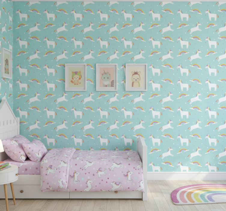 Papel pintado infantil unicornios con arcoíris - TenVinilo