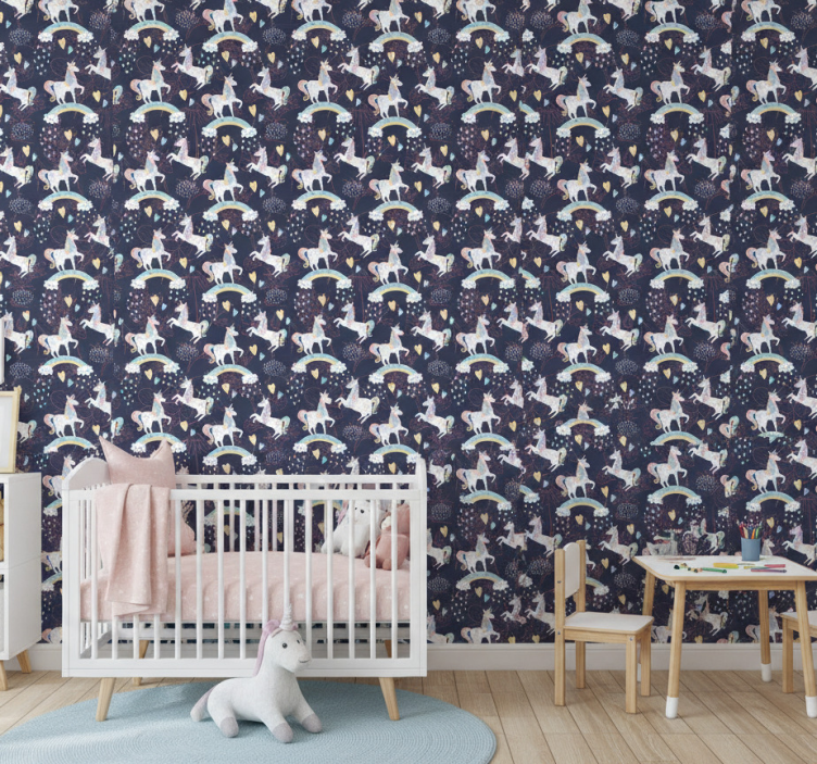 Papel pintado infantil unicornios rosas florales - TenVinilo