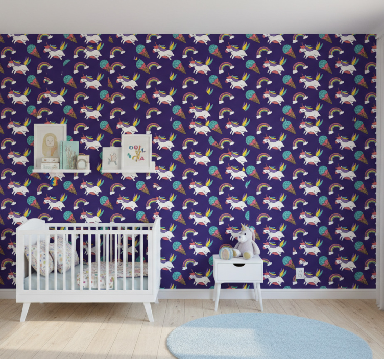 Papel pintado infantil unicornios y arcoíris - TenVinilo