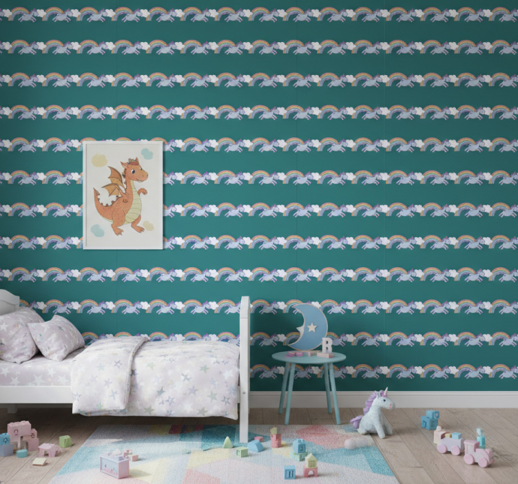 Papel pintado infantil unicornios y arcoíris corriendo - TenVinilo