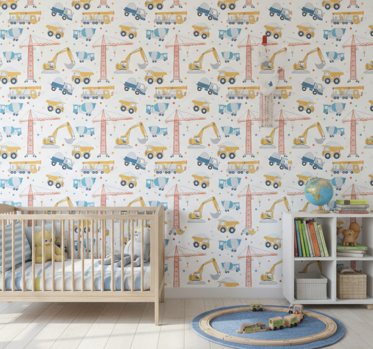 Papel pintado infantil vehículos de construcción divertidos - TenVinilo