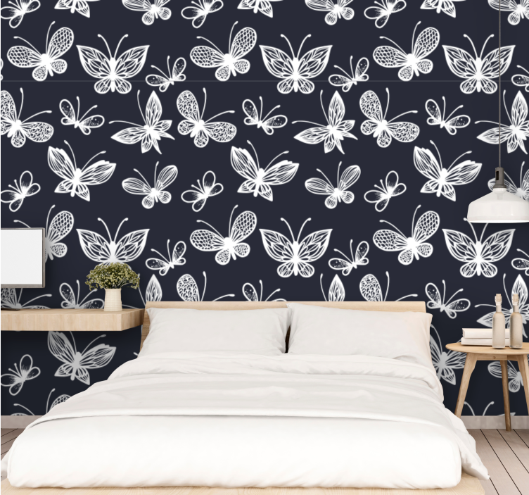 Papel pintado mariposas azul y blanca - TenVinilo