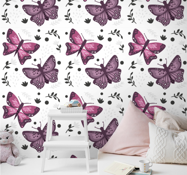 Papel pintado mariposas motivo rosa con hojas - TenVinilo