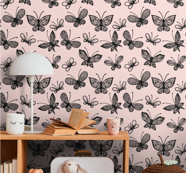 Papel pintado mariposas patrón negro y rosa - TenVinilo