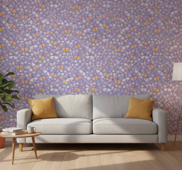 Papel pintado mariposas flores moradas elegantes - TenVinilo