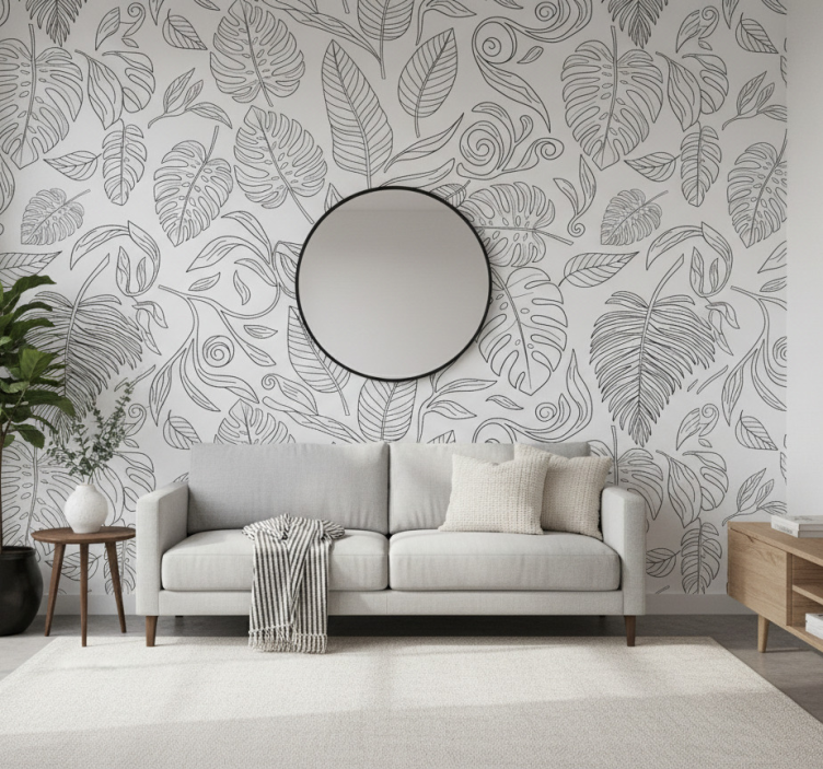 Papel pintado moderno botánico en blanco y negro - TenVinilo