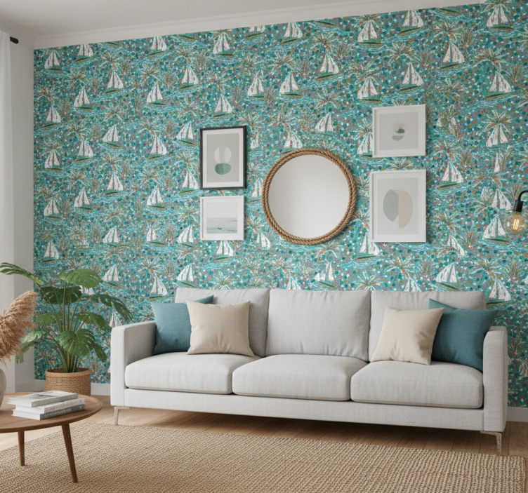 Papel pintado moderno patrón de barcos acuarelados - TenVinilo