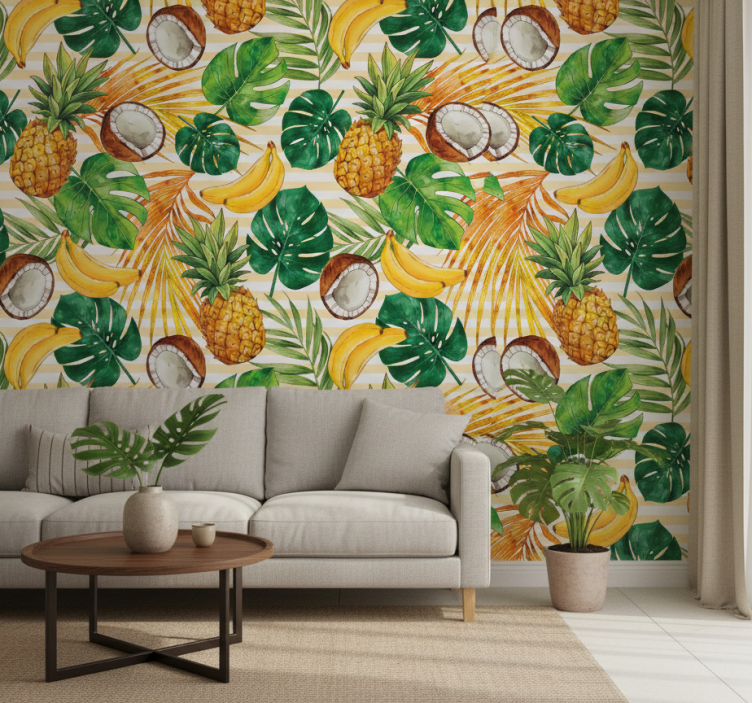 Papel pintado moderno patrón tropical veraniego pintado a mano - TenVinilo