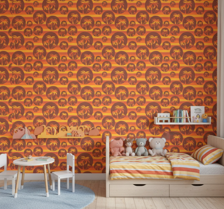 Papel pintado naturaleza atardecer retro y palmas - TenVinilo