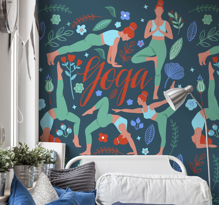 Papel pintado naturaleza ilustración de posturas de yoga - TenVinilo