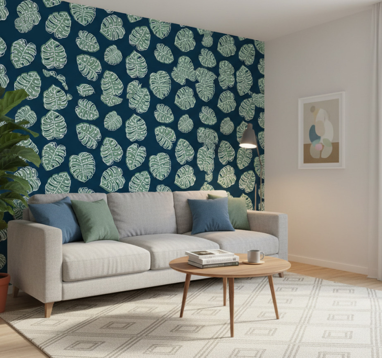 Papel pintado naturaleza monstera deliciosa verde y azul - TenVinilo