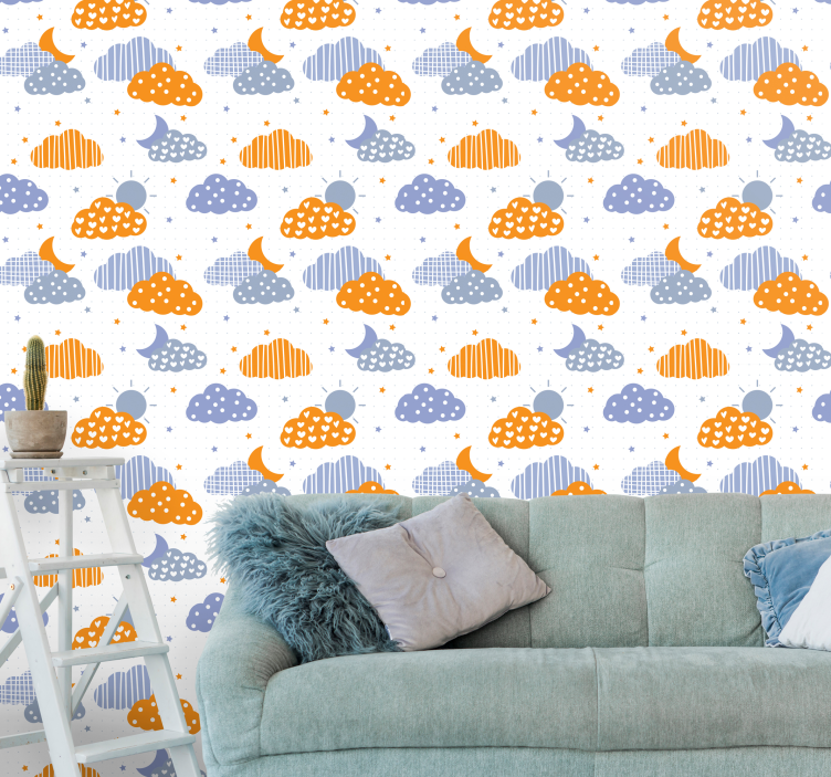 Papel pintado infantil nubes azules y naranjas y sol - TenVinilo