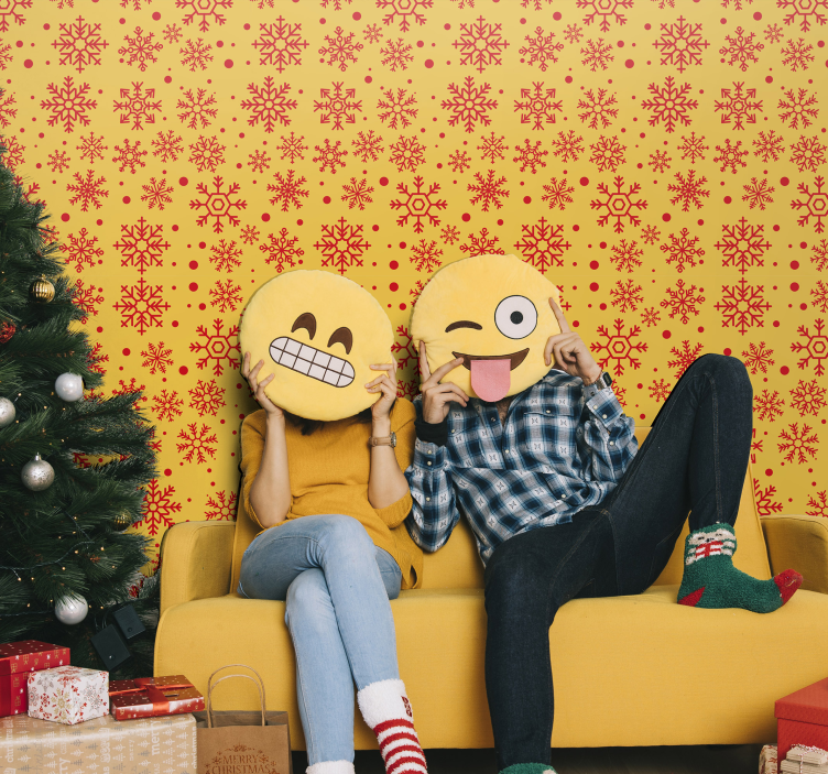 Papel pintado navidad copos rojos sobre fondo amarillo - TenVinilo