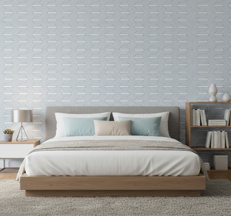 Papel pintado nórdico fondo azul líneas blancas ilusión - TenVinilo