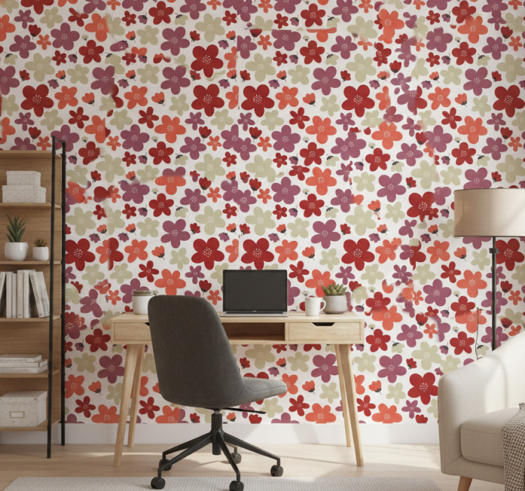 Papel pintado oficina flores abstractas rojas - TenVinilo