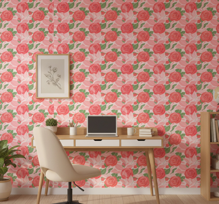 Papel pintado oficina rosas sobre fondo rosa - TenVinilo