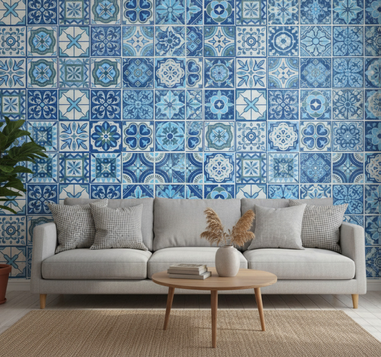 Papel pintado azulejos patrón azul talavera - TenVinilo