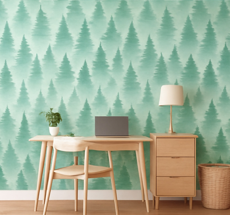 Papel pintado paisaje bosque de pinos nebuloso - TenVinilo