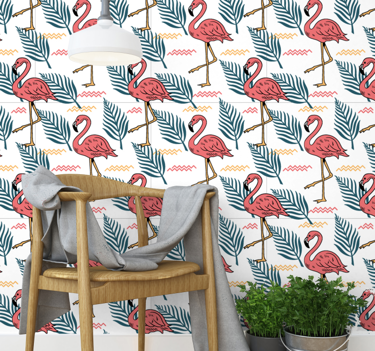 Papel pintado pájaros estampado tropical de flamencos - TenVinilo