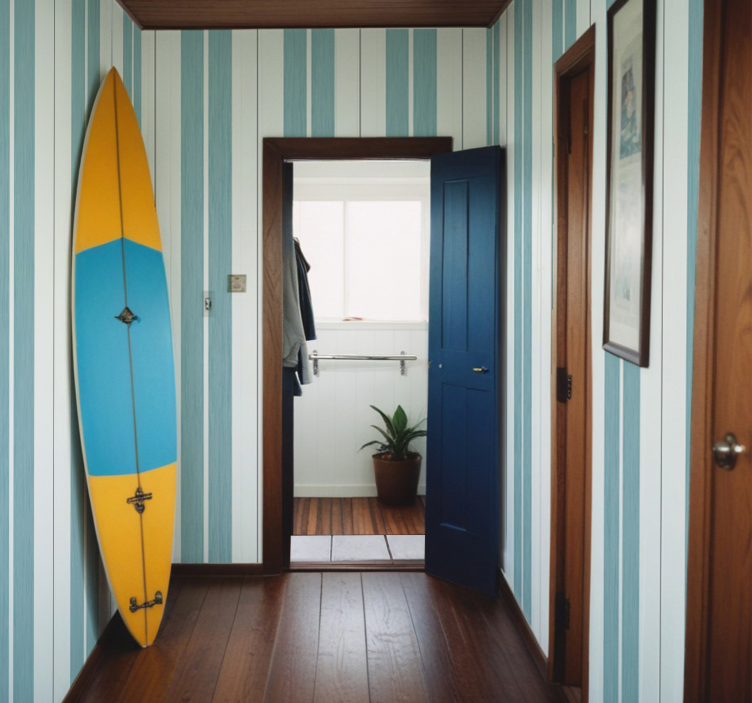 Papel pintado pasillos rayas tonos turquesa - TenVinilo