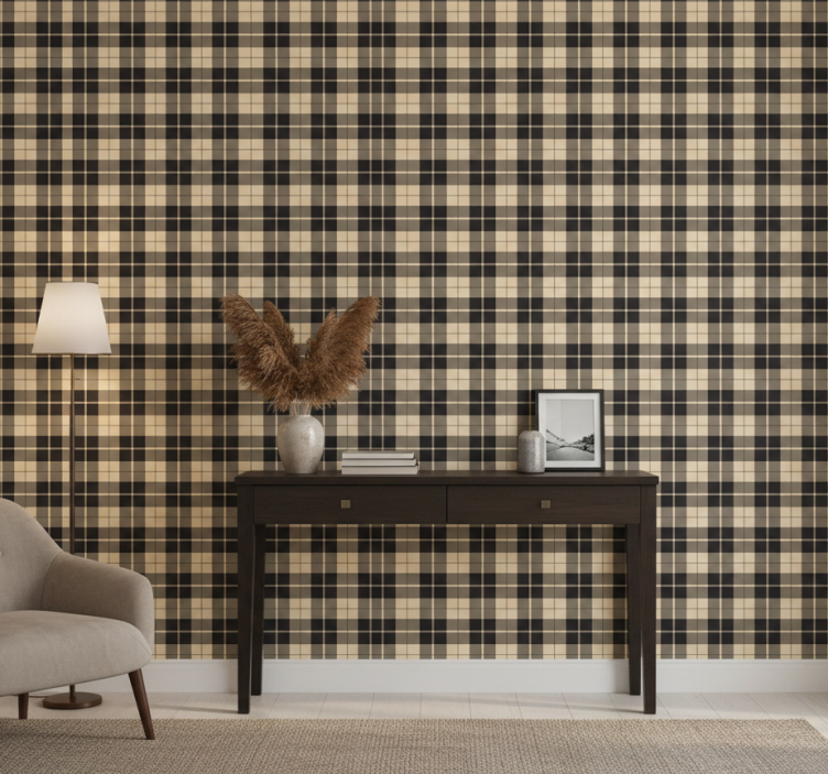 Papel pintado pasillos cuadrados beige con líneas negras - TenVinilo