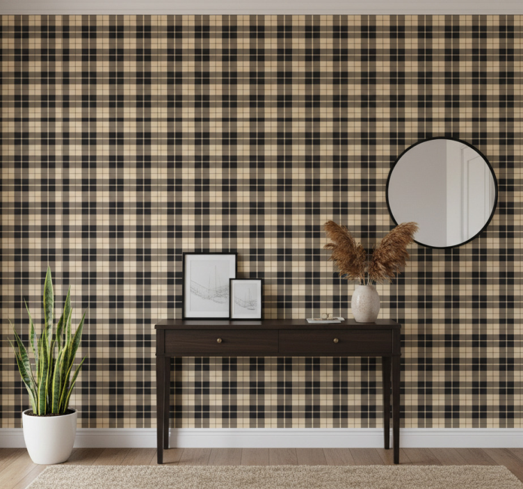 Papel pintado pasillos cuadrados beige con líneas negras - TenVinilo