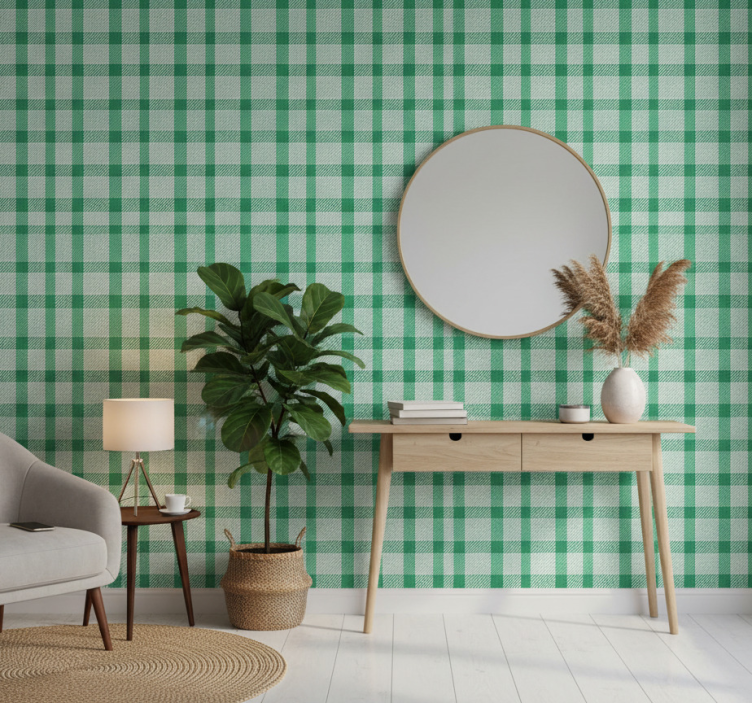 Papel pintado pasillos cuadrados verdes y blancos - TenVinilo