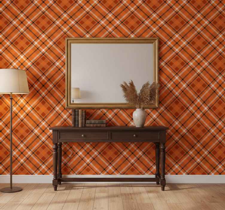 Papel pintado pasillos cuadros naranjas con líneas marrones - TenVinilo