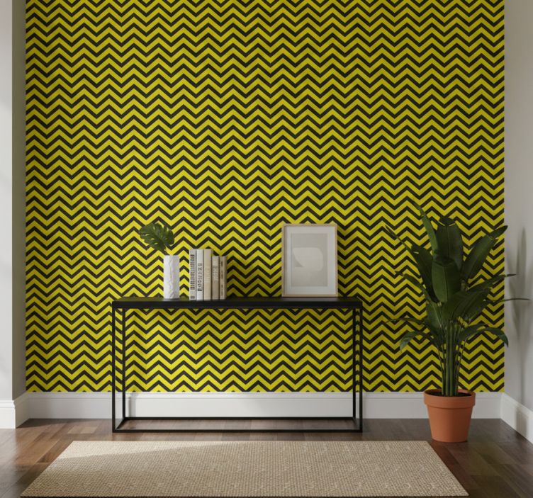 Papel pintado pasillos diseño zigzag negro y amarillo - TenVinilo