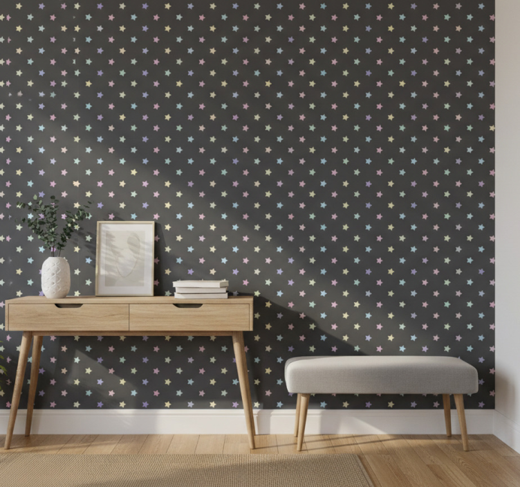Papel pintado pasillos estrellas de colores sobre fondo gris - TenVinilo