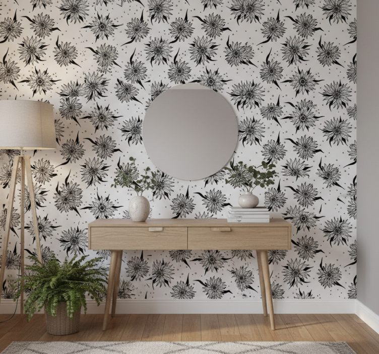 Papel pintado pasillos girasoles en blanco y negro - TenVinilo