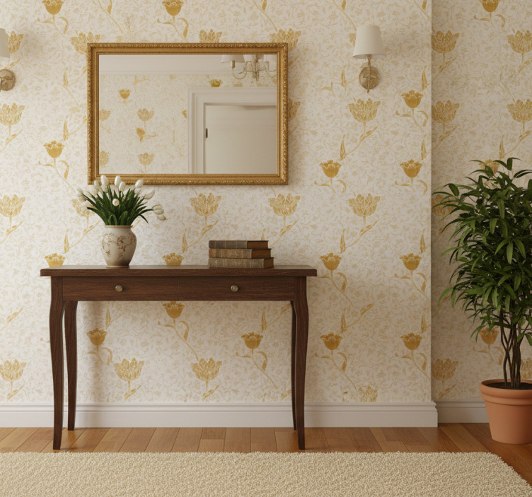 Papel pintado pasillos patrón elegante dorado - TenVinilo