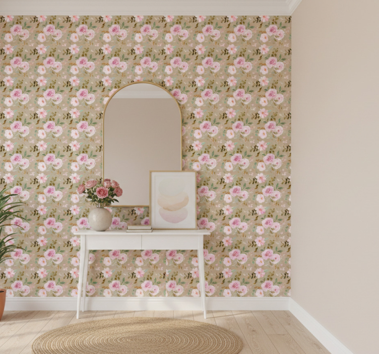 Papel pintado pasillos patrones florales rosas - TenVinilo