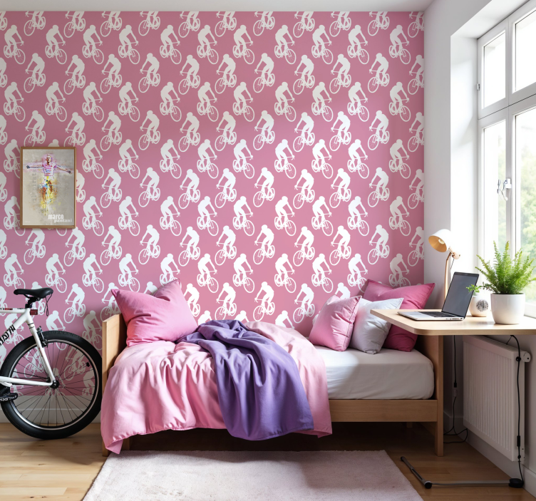 Papel pintado rosa patrón de ciclistas blancos - TenVinilo