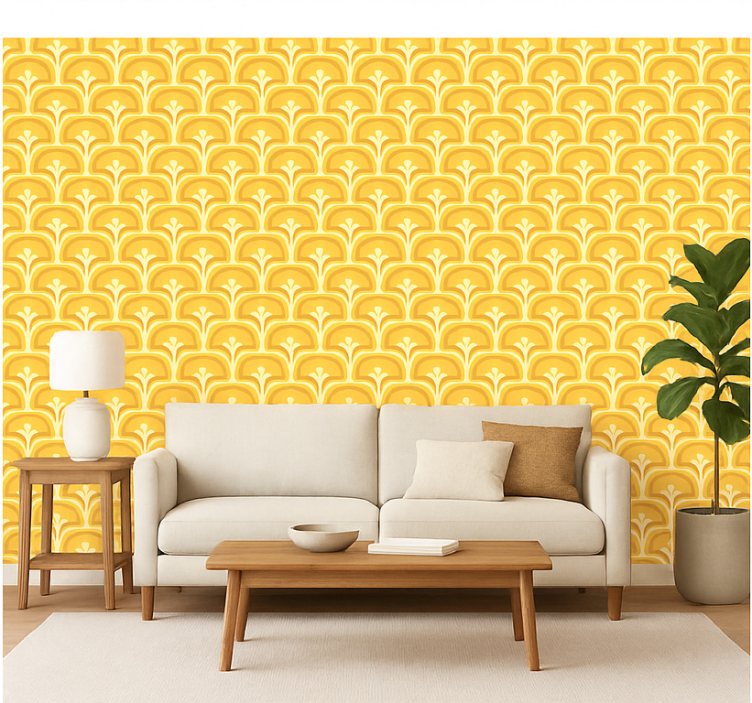 Papel pintado salón figuras amarillas retro 70s - TenVinilo