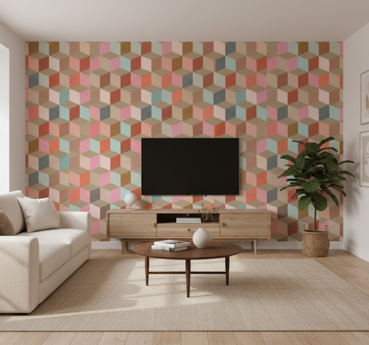 Papel pintado salón patrón geométrico pastel kraft - TenVinilo